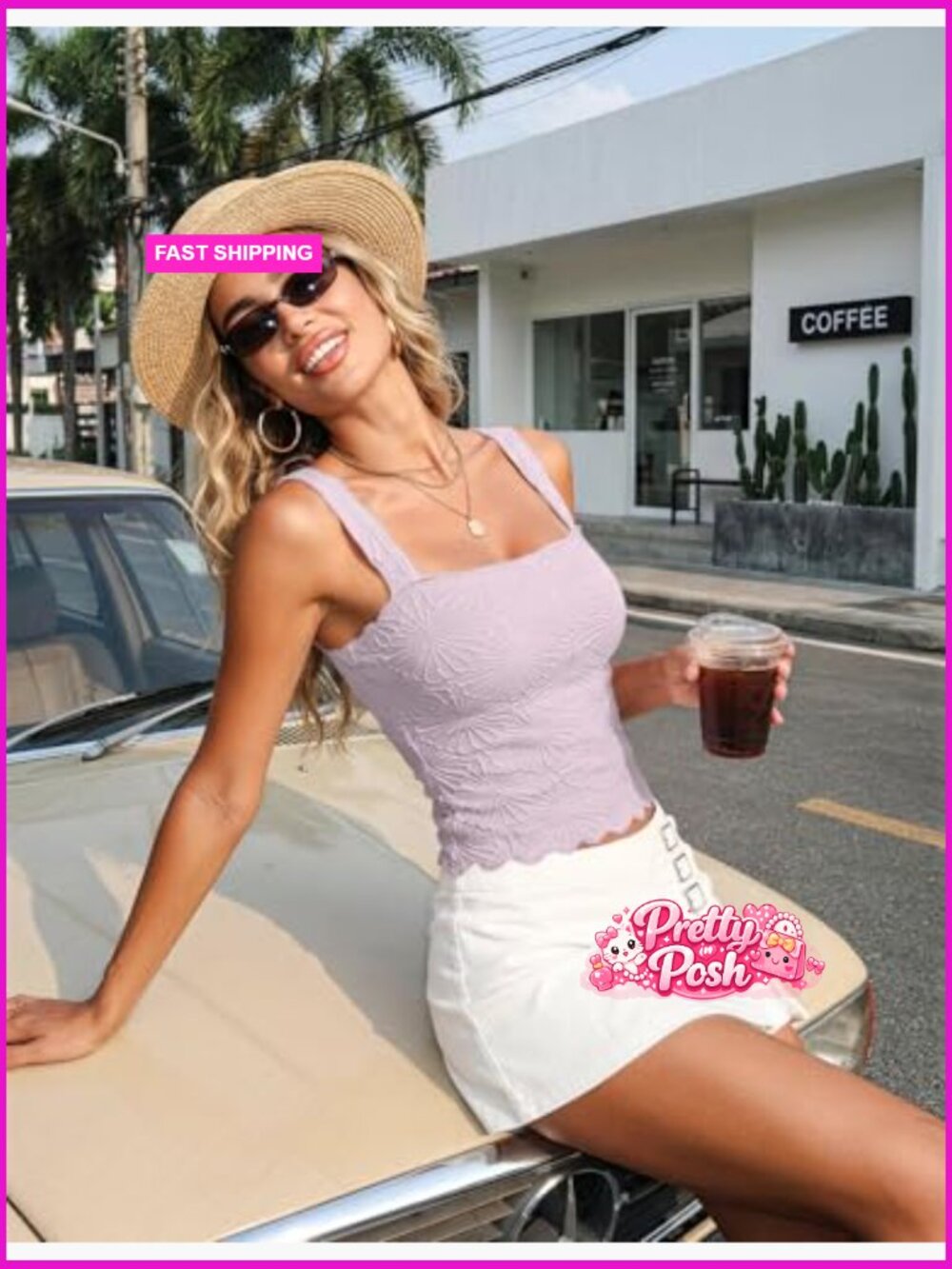 Polyester Spandex Blend Square Neck Cropped Tank Top Floral Embroidery - Picture 5 of 7